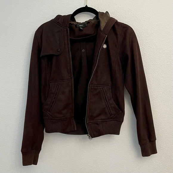 OBEY Rebel Yell Fleece Juniors Brown Faux Cracked Leather Zip Up Hooded Jacket. - Picture 2 of 14